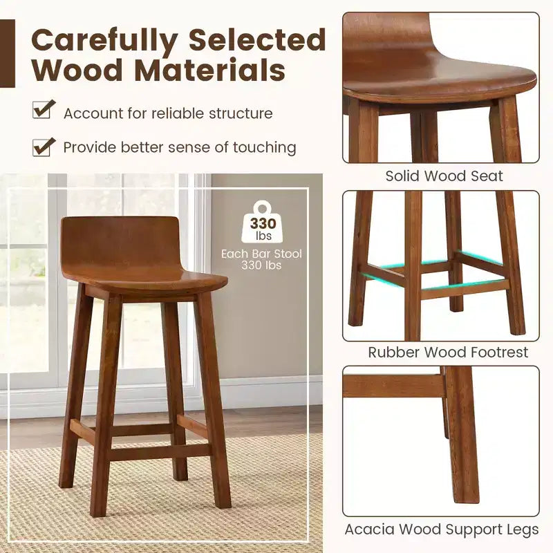 Ensemble de 2 tabourets de bar en bois de 24.5 avec dossier et assise pleins, chaises de bar mi-siècle, marron/noir/blanc
