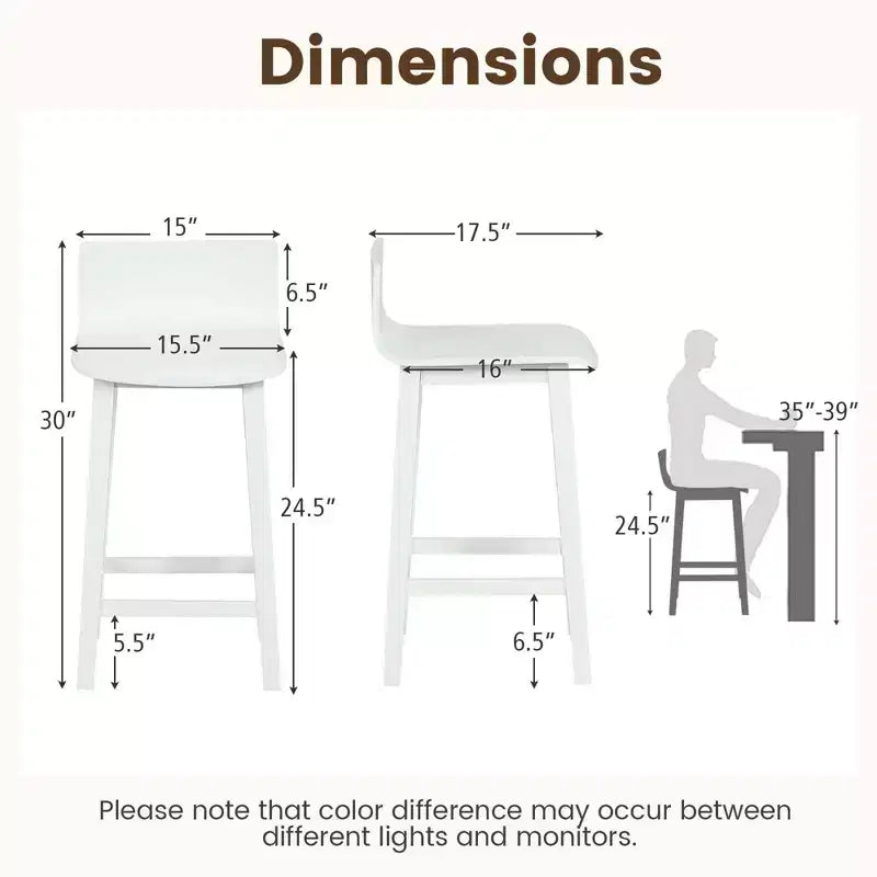 Ensemble de 2 tabourets de bar en bois de 24.5 avec dossier et assise pleins, chaises de bar mi-siècle, marron/noir/blanc