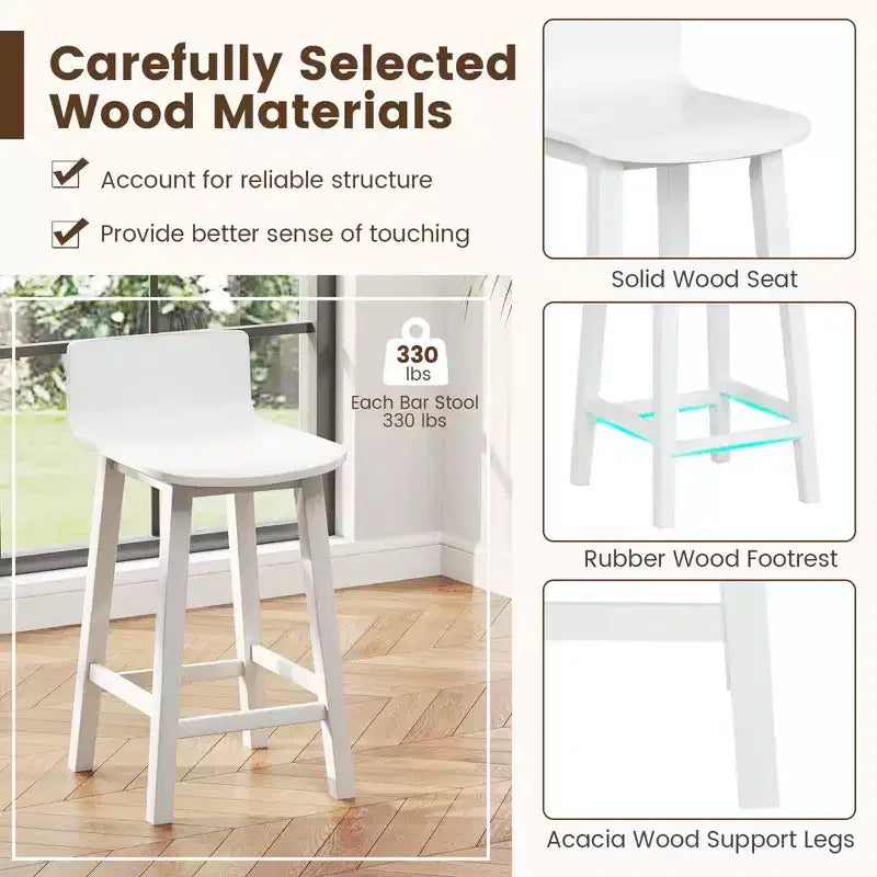 Ensemble de 2 tabourets de bar en bois de 24.5 avec dossier et assise pleins, chaises de bar mi-siècle, marron/noir/blanc