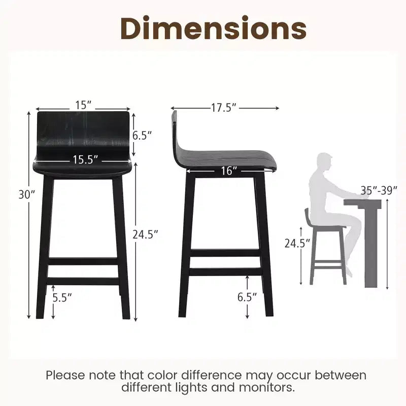 Ensemble de 2 tabourets de bar en bois de 24.5 avec dossier et assise pleins, chaises de bar mi-siècle, marron/noir/blanc