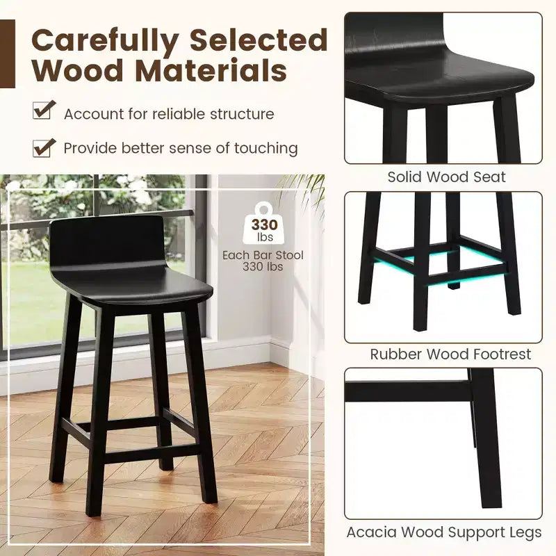 Ensemble de 2 tabourets de bar en bois de 24.5 avec dossier et assise pleins, chaises de bar mi-siècle, marron/noir/blanc