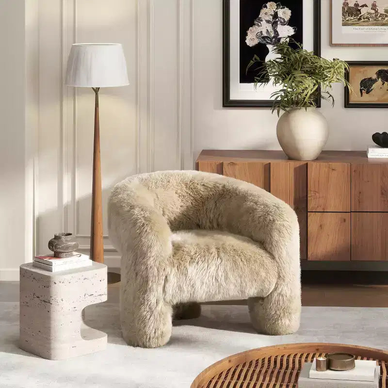 Sillón decorativo de piel de oveja auténtica con respaldo de barril dividido, piel auténtica rubia natural