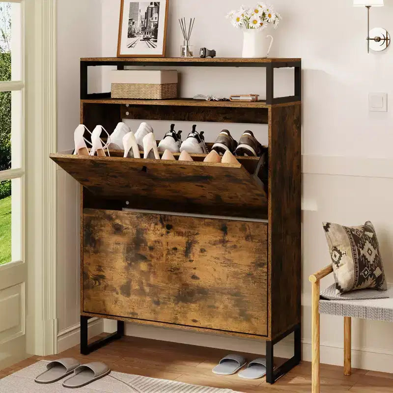 Schuhschrank aus Holz im Mid-Century-Stil mit 2 Klapptüren und herausnehmbaren Regalböden, Schuhaufbewahrung für den Eingangsbereich