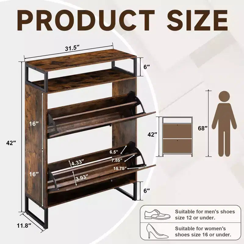 Zapatero de madera de estilo de mediados de siglo con 2 puertas abatibles y estantes extraíbles, para guardar zapatos en la entrada