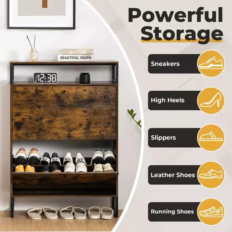 Zapatero de madera de estilo de mediados de siglo con 2 puertas abatibles y estantes extraíbles, para guardar zapatos en la entrada