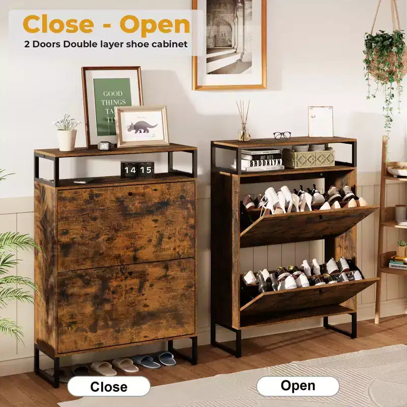 Zapatero de madera de estilo de mediados de siglo con 2 puertas abatibles y estantes extraíbles, para guardar zapatos en la entrada
