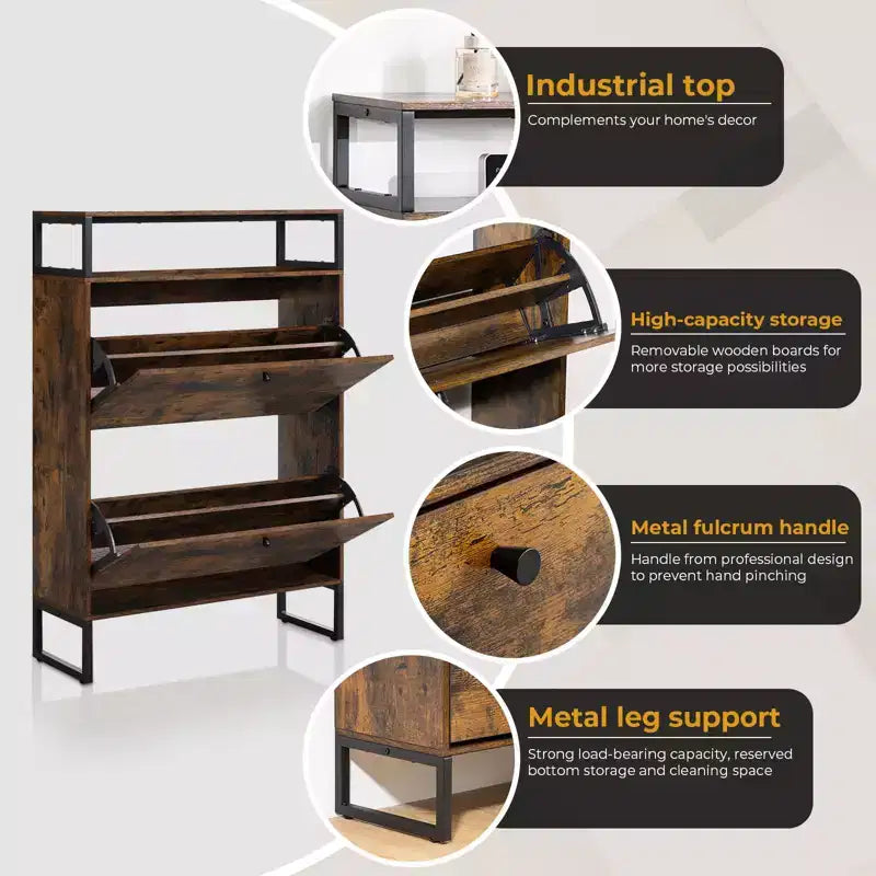 Zapatero de madera de estilo de mediados de siglo con 2 puertas abatibles y estantes extraíbles, para guardar zapatos en la entrada
