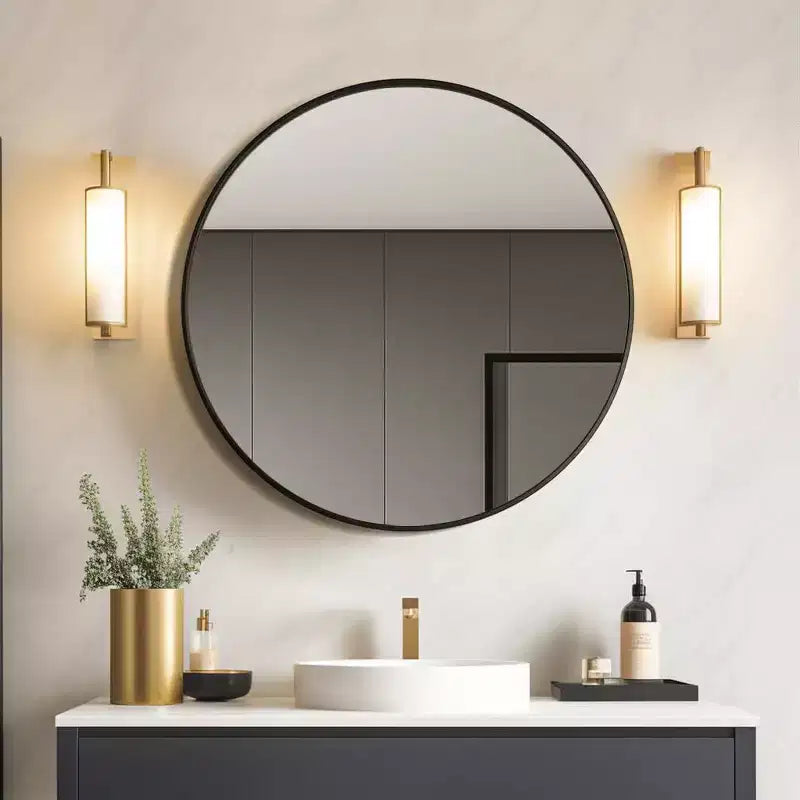 Espejo de pared redondo negro con marco de metal - Espejo circular de metal para decorar el baño, el dormitorio, la sala de estar y la entrada
