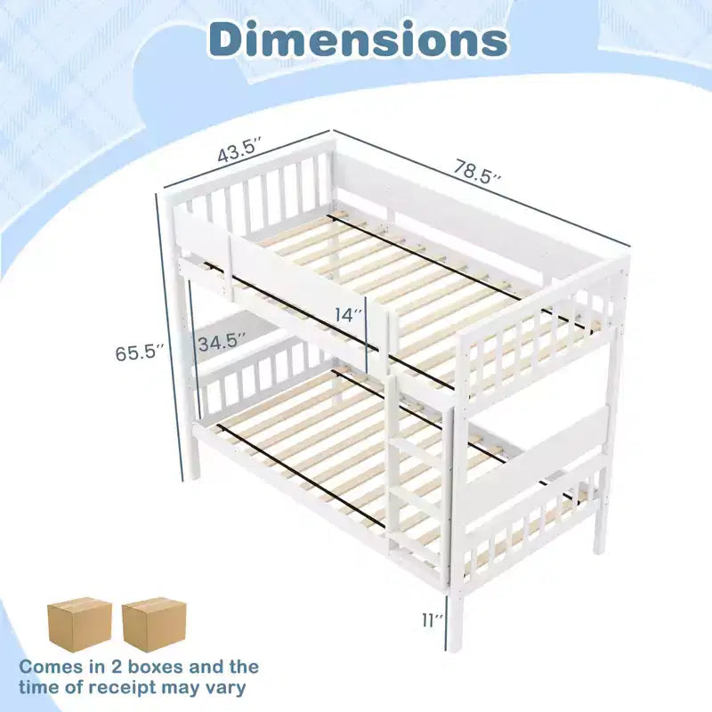 Litera de madera maciza con dos camas individuales, estructura con escalera y barandillas de seguridad de longitud completa, blanco/natural