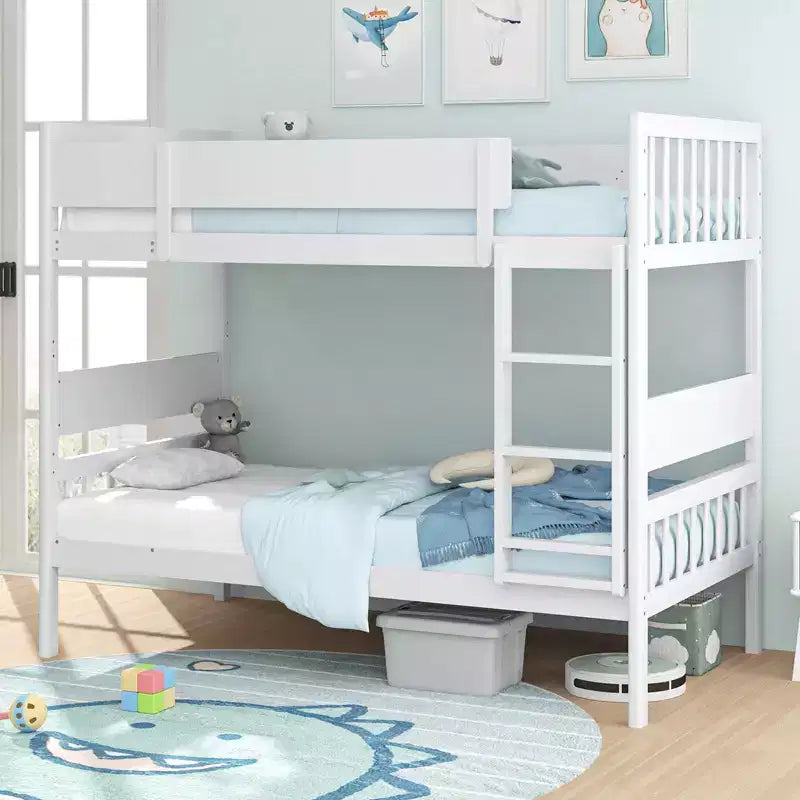 Litera de madera maciza con dos camas individuales, estructura con escalera y barandillas de seguridad de longitud completa, blanco/natural