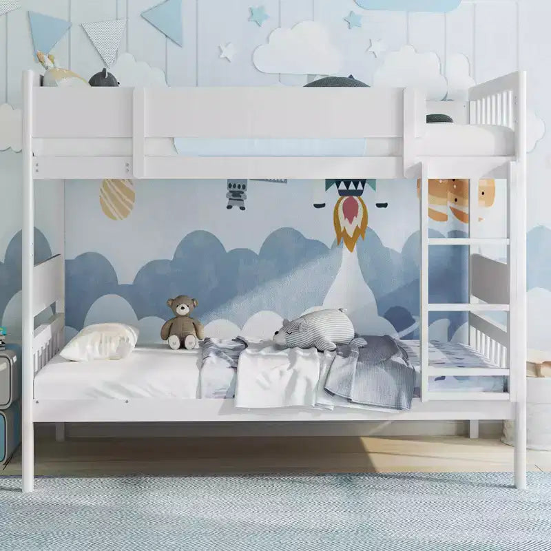 Litera de madera maciza con dos camas individuales, estructura con escalera y barandillas de seguridad de longitud completa, blanco/natural