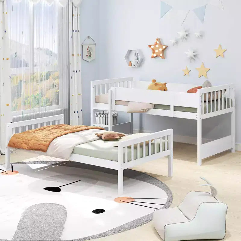Litera de madera maciza con dos camas individuales, estructura con escalera y barandillas de seguridad de longitud completa, blanco/natural