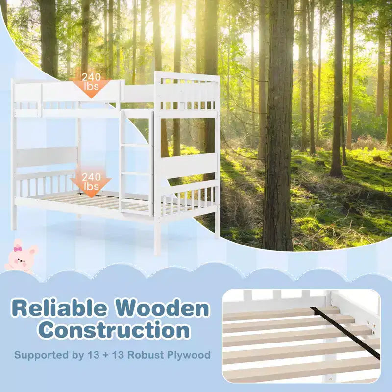 Litera de madera maciza con dos camas individuales, estructura con escalera y barandillas de seguridad de longitud completa, blanco/natural