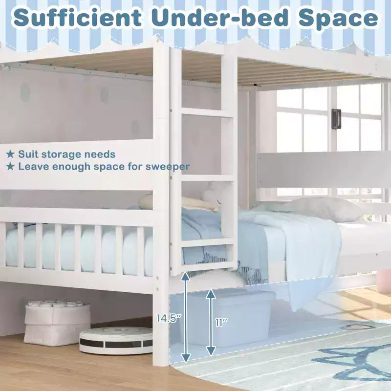 Litera de madera maciza con dos camas individuales, estructura con escalera y barandillas de seguridad de longitud completa, blanco/natural