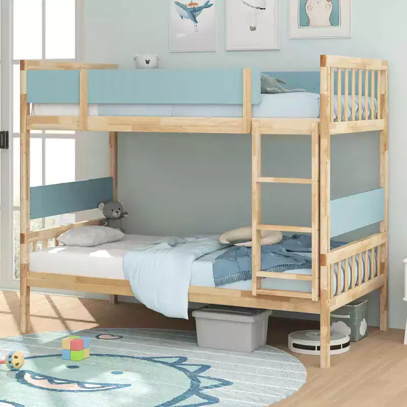 Litera de madera maciza con dos camas individuales, estructura con escalera y barandillas de seguridad de longitud completa, blanco/natural