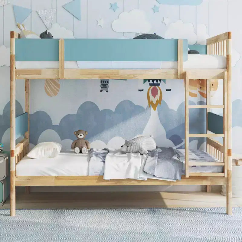 Litera de madera maciza con dos camas individuales, estructura con escalera y barandillas de seguridad de longitud completa, blanco/natural