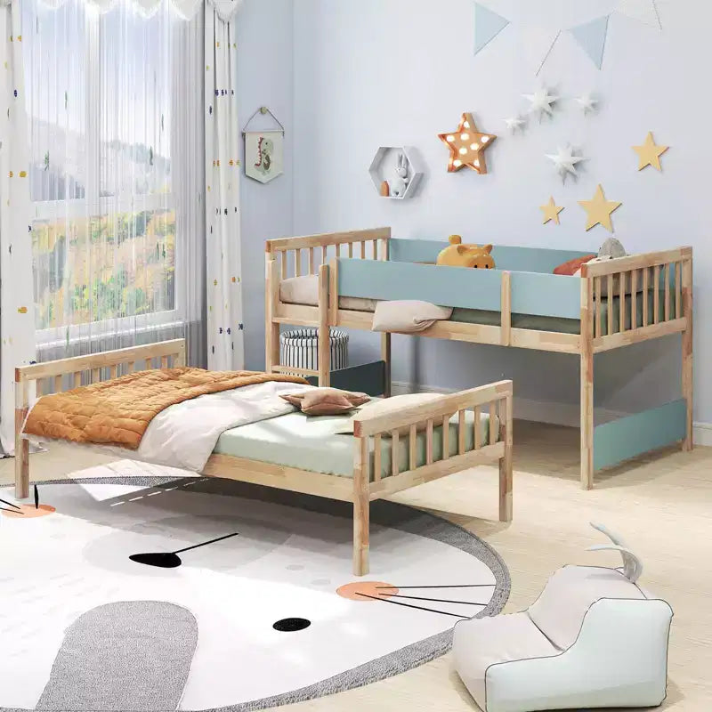 Litera de madera maciza con dos camas individuales, estructura con escalera y barandillas de seguridad de longitud completa, blanco/natural