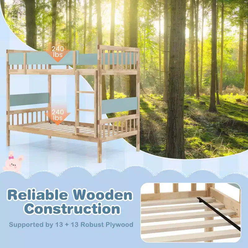 Litera de madera maciza con dos camas individuales, estructura con escalera y barandillas de seguridad de longitud completa, blanco/natural