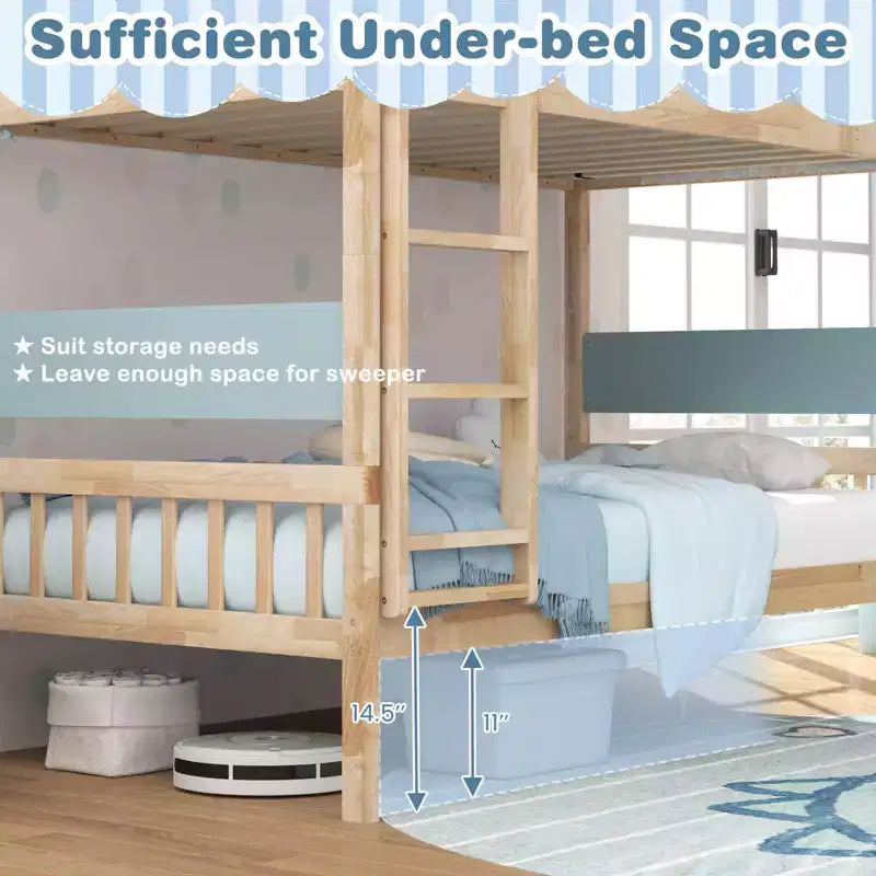 Litera de madera maciza con dos camas individuales, estructura con escalera y barandillas de seguridad de longitud completa, blanco/natural