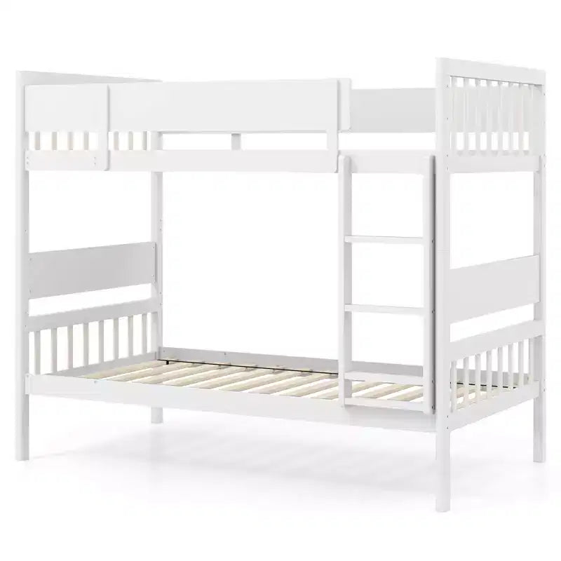 Litera de madera maciza con dos camas individuales, estructura con escalera y barandillas de seguridad de longitud completa, blanco/natural