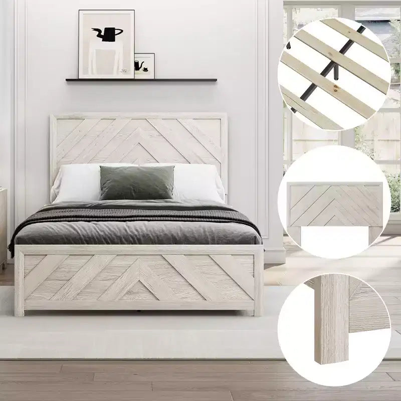 Estructura de cama de madera con cabecero y plataforma de madera, base de colchón con soporte de láminas silencioso, no necesita somier, fácil de montar