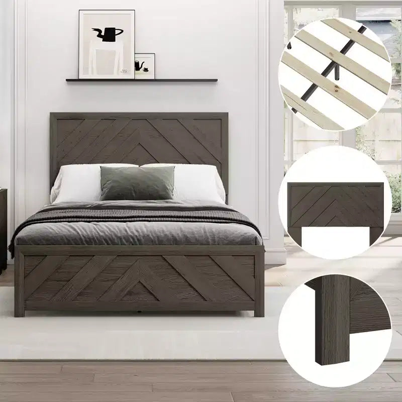 Estructura de cama de madera con cabecero y plataforma de madera, base de colchón con soporte de láminas silencioso, no necesita somier, fácil de montar