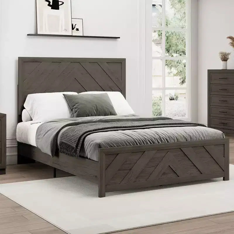 Estructura de cama de madera con cabecero y plataforma de madera, base de colchón con soporte de láminas silencioso, no necesita somier, fácil de montar