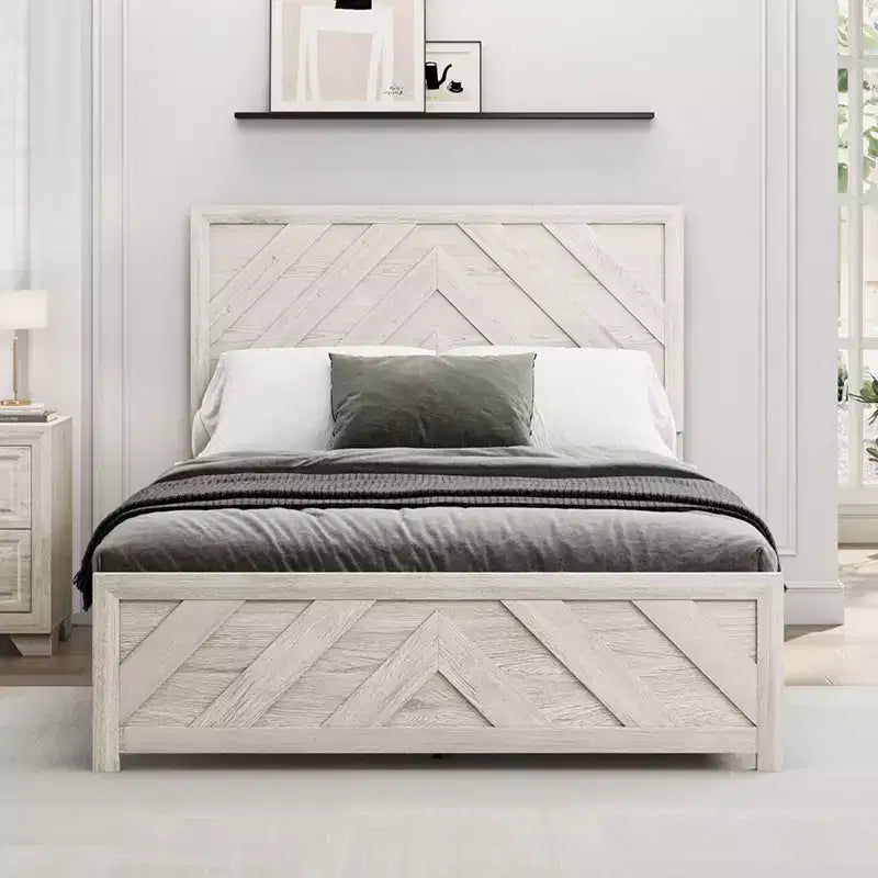 Estructura de cama de madera con cabecero y plataforma de madera, base de colchón con soporte de láminas silencioso, no necesita somier, fácil de montar