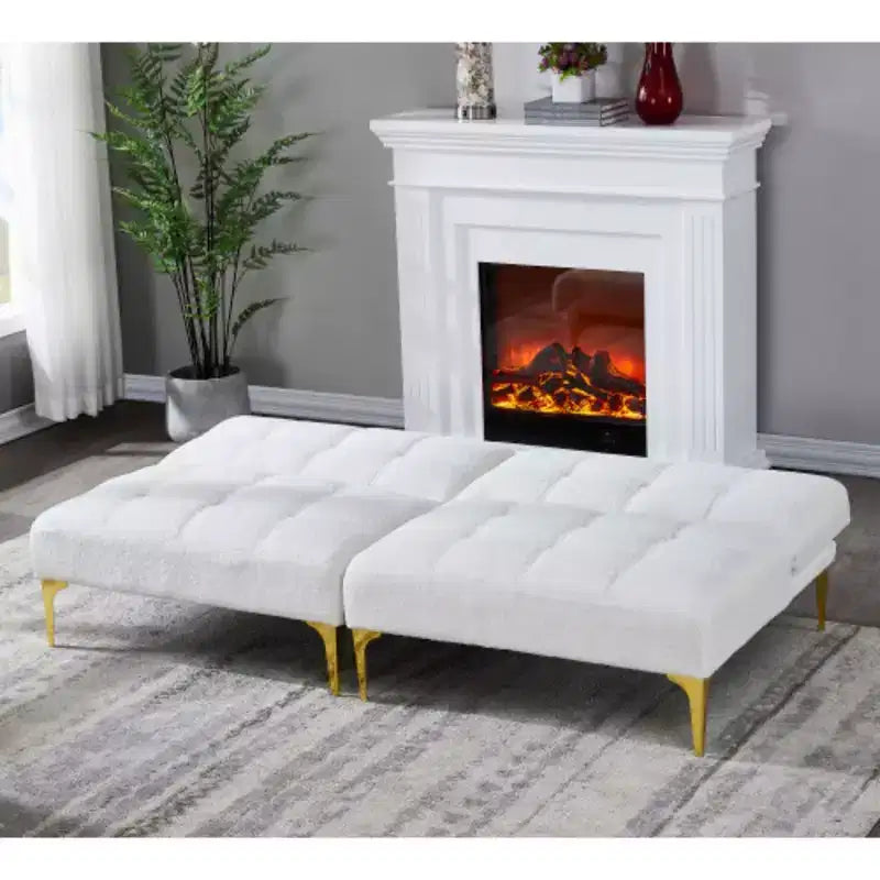 Sofá cama futón convertible con patas de metal dorado y tela teddy