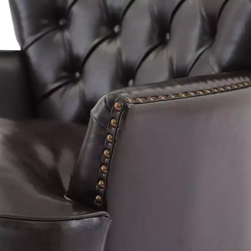 Fauteuil d’appoint vintage rembourré à capitons, fauteuil à oreilles classique avec clous décoratifs et pieds en bois