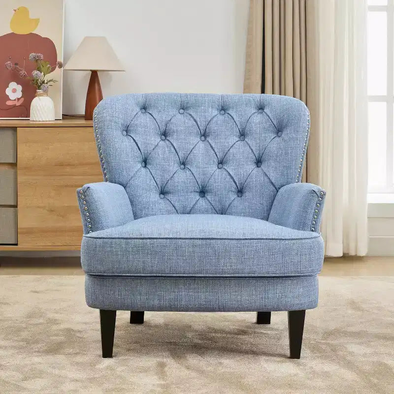 Fauteuil d’appoint vintage rembourré à capitons, fauteuil à oreilles classique avec clous décoratifs et pieds en bois