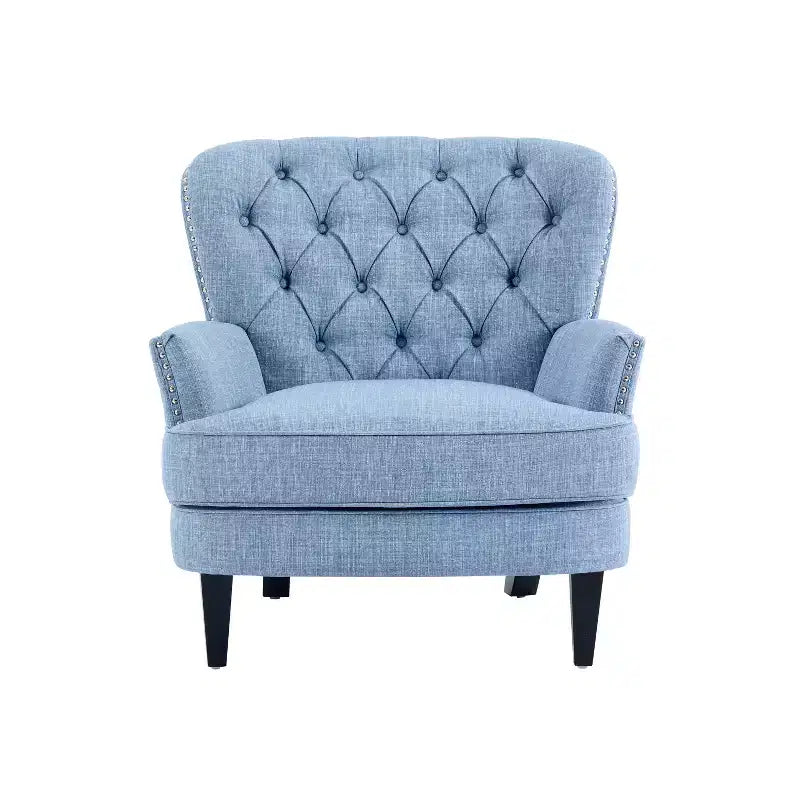 Fauteuil d’appoint vintage rembourré à capitons, fauteuil à oreilles classique avec clous décoratifs et pieds en bois