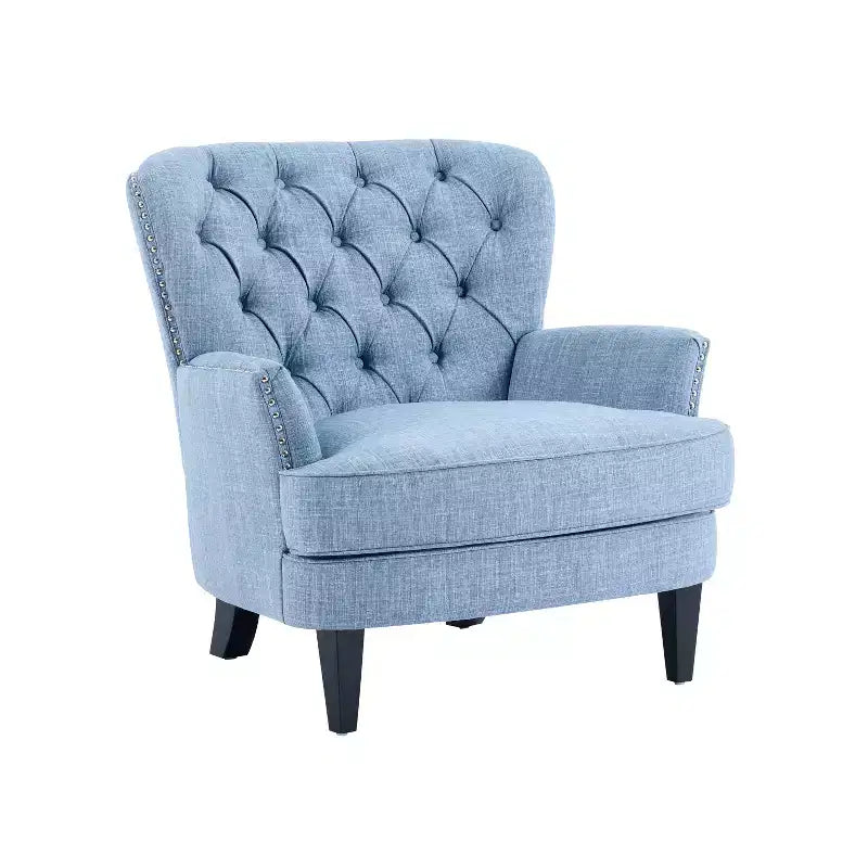 Fauteuil d’appoint vintage rembourré à capitons, fauteuil à oreilles classique avec clous décoratifs et pieds en bois