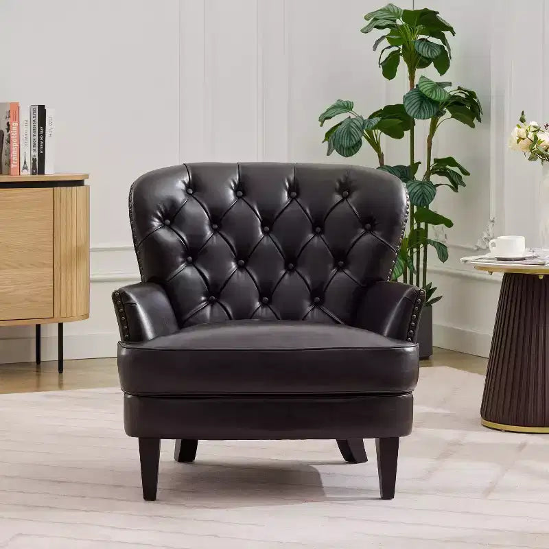 Vintage-Sessel mit Knopfheftung, klassischer Ohrensessel mit Armlehnen, Nagelkopfbesatz und Holzbeinen