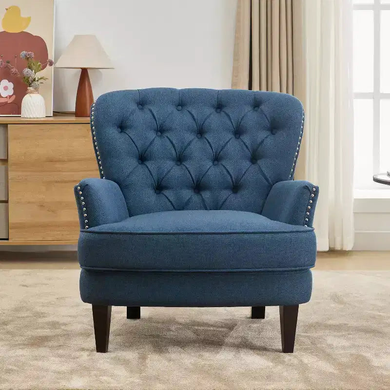 Fauteuil d’appoint vintage rembourré à capitons, fauteuil à oreilles classique avec clous décoratifs et pieds en bois