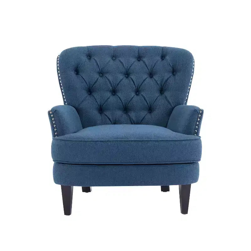 Fauteuil d’appoint vintage rembourré à capitons, fauteuil à oreilles classique avec clous décoratifs et pieds en bois