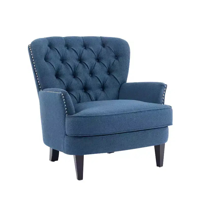 Fauteuil d’appoint vintage rembourré à capitons, fauteuil à oreilles classique avec clous décoratifs et pieds en bois