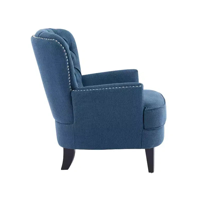 Fauteuil d’appoint vintage rembourré à capitons, fauteuil à oreilles classique avec clous décoratifs et pieds en bois