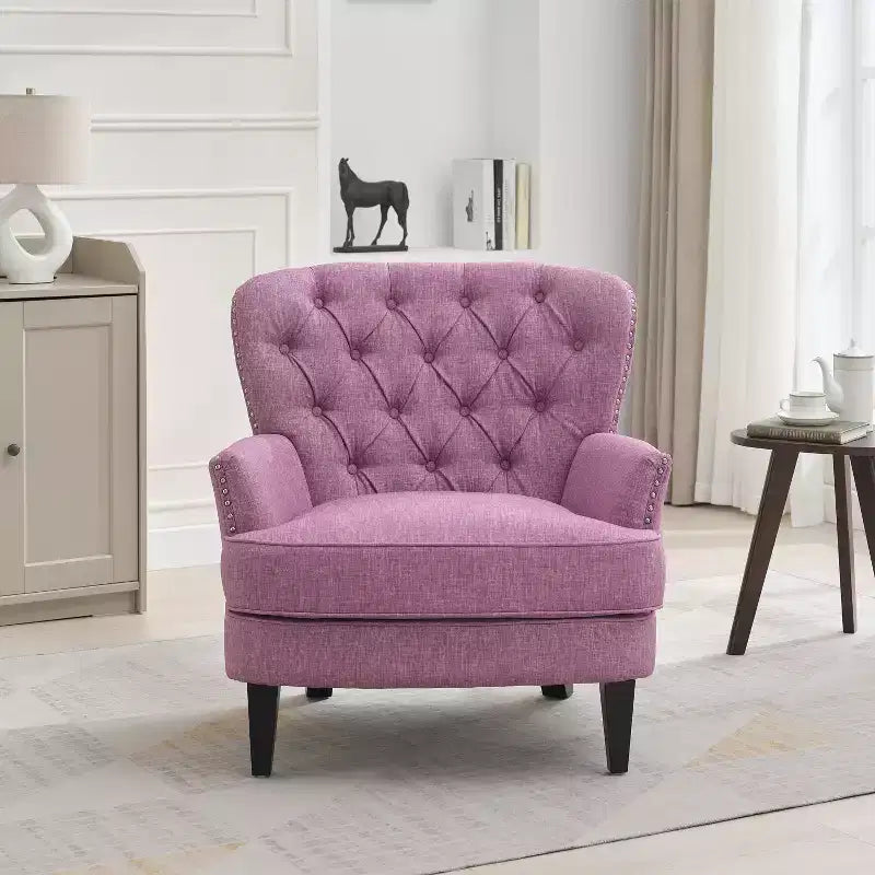 Fauteuil d’appoint vintage rembourré à capitons, fauteuil à oreilles classique avec clous décoratifs et pieds en bois