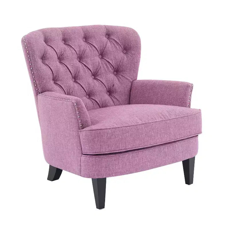 Fauteuil d’appoint vintage rembourré à capitons, fauteuil à oreilles classique avec clous décoratifs et pieds en bois