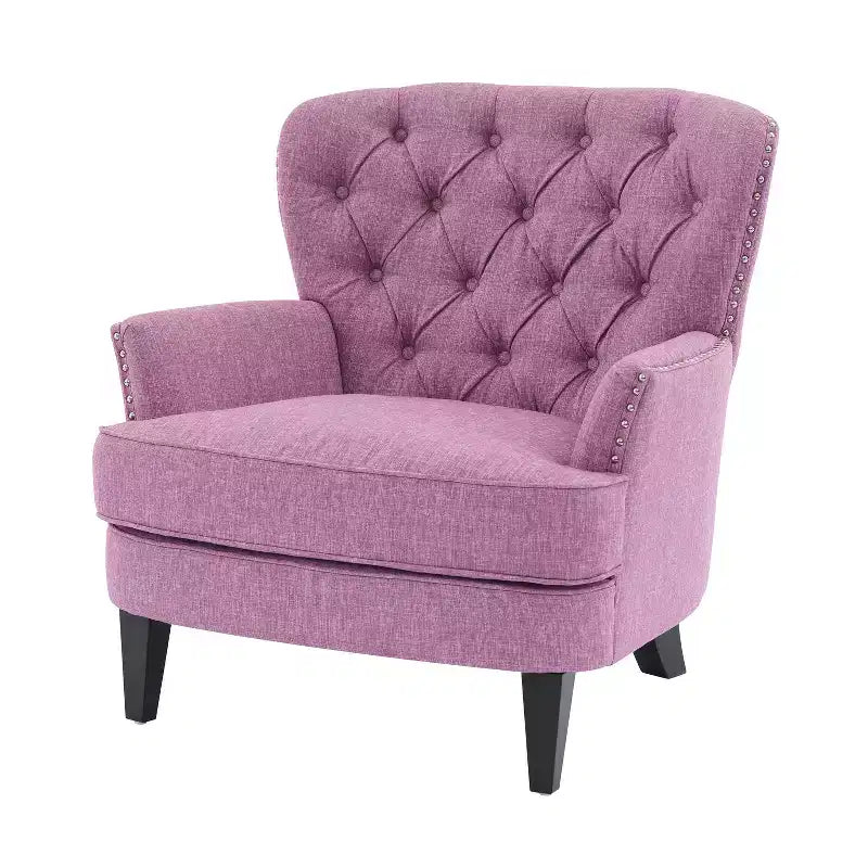 Fauteuil d’appoint vintage rembourré à capitons, fauteuil à oreilles classique avec clous décoratifs et pieds en bois