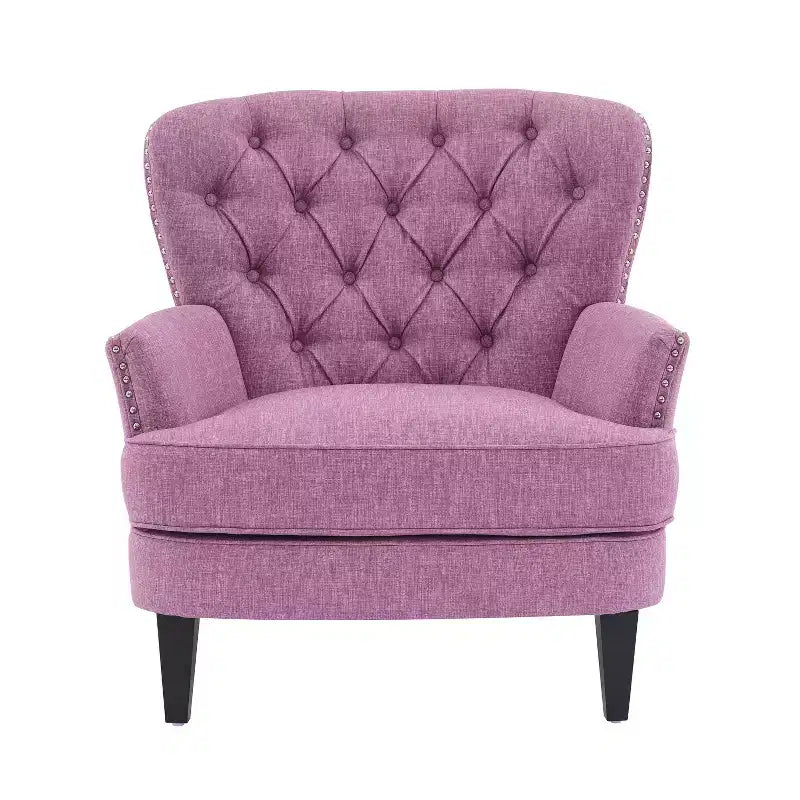 Fauteuil d’appoint vintage rembourré à capitons, fauteuil à oreilles classique avec clous décoratifs et pieds en bois