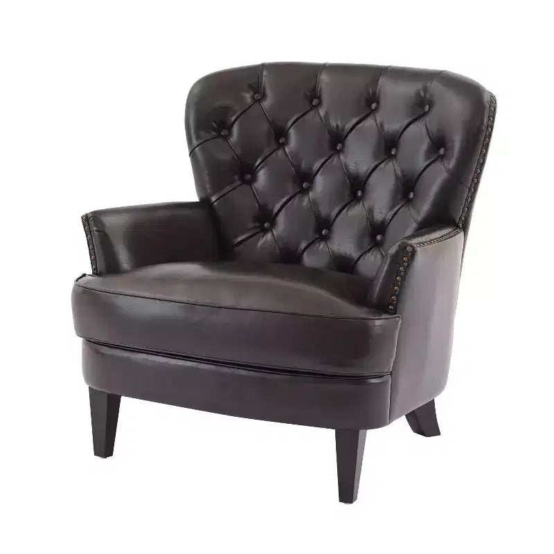 Fauteuil d’appoint vintage rembourré à capitons, fauteuil à oreilles classique avec clous décoratifs et pieds en bois
