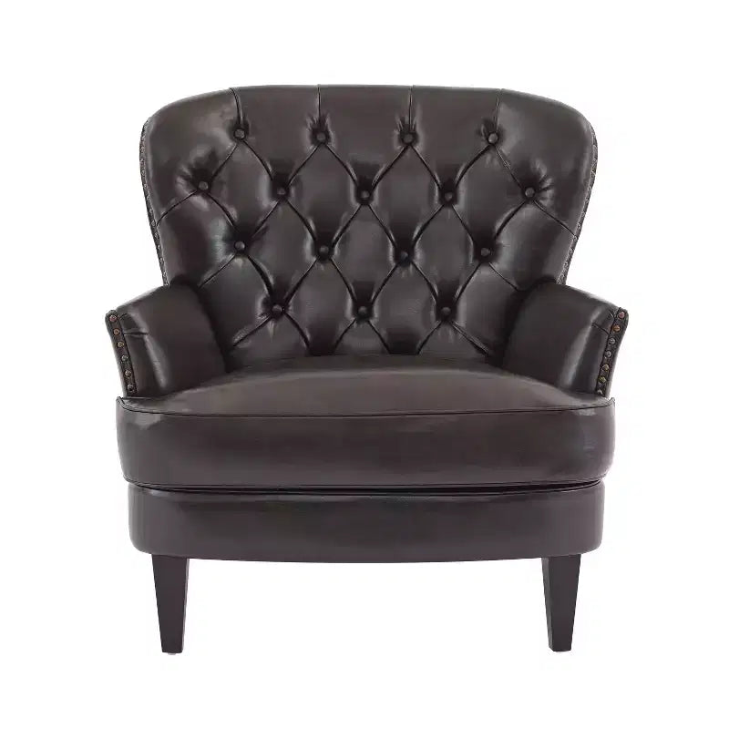 Fauteuil d’appoint vintage rembourré à capitons, fauteuil à oreilles classique avec clous décoratifs et pieds en bois