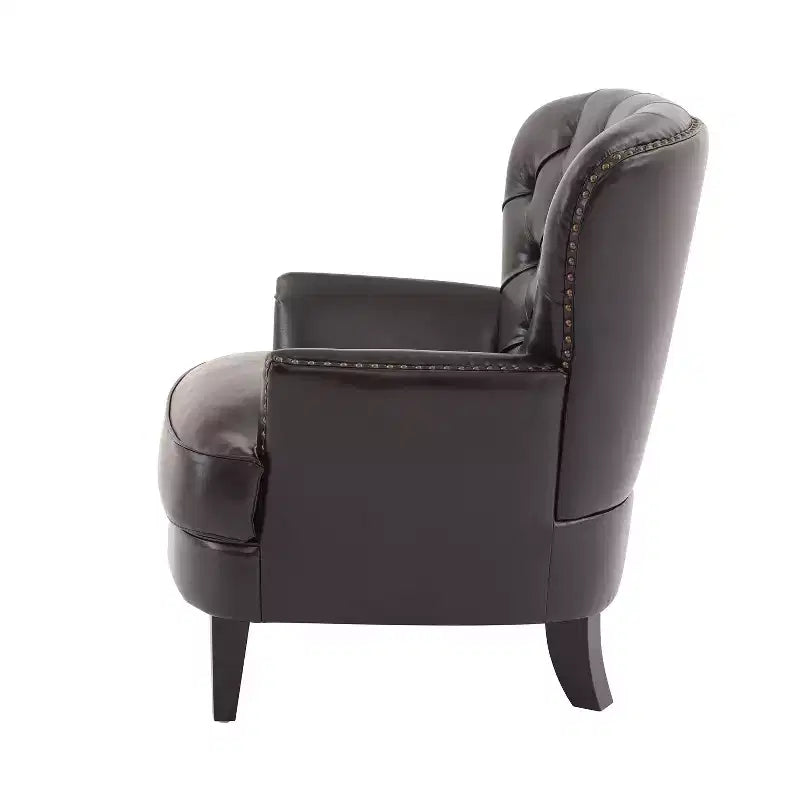 Fauteuil d’appoint vintage rembourré à capitons, fauteuil à oreilles classique avec clous décoratifs et pieds en bois