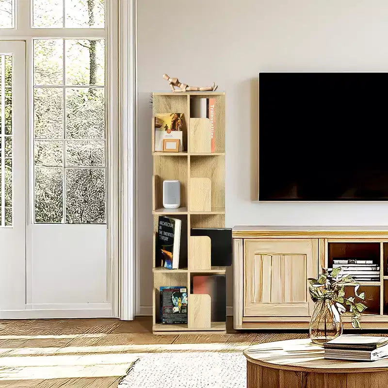 Librería decorativa giratoria, estantería vertical independiente con estantes abiertos de varios niveles, ahorra espacio en la sala de estar, el dormitorio o la oficina