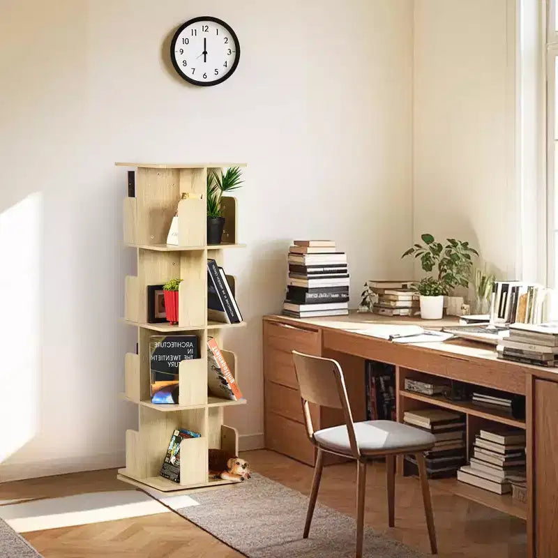 Librería decorativa giratoria, estantería vertical independiente con estantes abiertos de varios niveles, ahorra espacio en la sala de estar, el dormitorio o la oficina