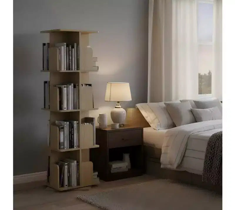 Librería decorativa giratoria, estantería vertical independiente con estantes abiertos de varios niveles, ahorra espacio en la sala de estar, el dormitorio o la oficina
