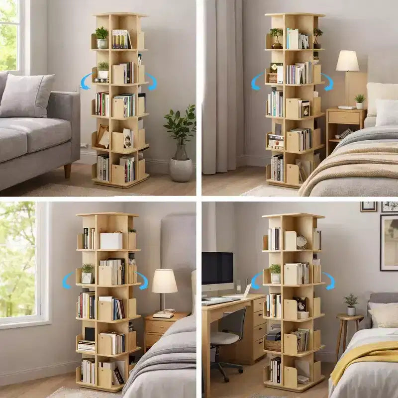Librería decorativa giratoria, estantería vertical independiente con estantes abiertos de varios niveles, ahorra espacio en la sala de estar, el dormitorio o la oficina