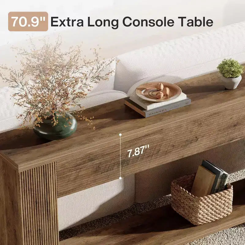 Mesa consola de 70.9 pulgadas para la entrada, mesa estrecha de madera para sofá, detrás del sillón, para sala de estar o entrada, marrón rústico